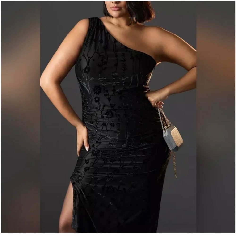 Hutch Black Floral Burnout Velvet One Shoulder Ruched‎ Midi Dress M